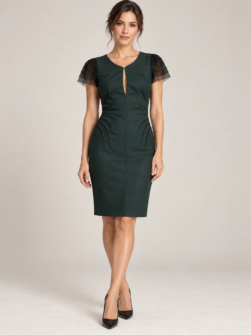 Zac Posen Dark Green Sheath Dress with Tulle Cap Sleeves